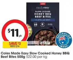 Coles Coles Made Easy Slow Cooked Honey BBQ Beef Bites offer