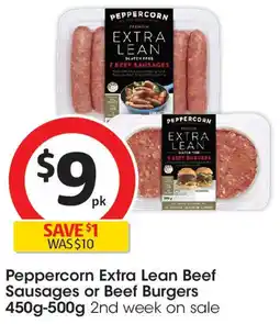 Coles Peppercorn Extra Lean Beef Sausages or Beef Burgers offer