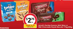 Coles Arnott's TeeVee Snacks, Mint Slice or Milk Chocolate Royals Biscuits offer