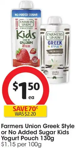 Coles Farmers Union Greek Style or No Added Sugar Kids Yogurt Pouch offer