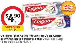 Coles Colgate Total Active Prevention Deep Clean or Whitening Toothpaste offer