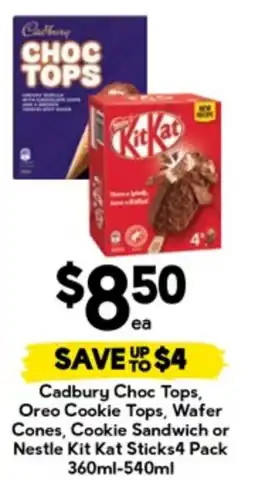 Drakes Cadbury Choc Tops, Oreo Cookie Tops, Wafer Cones, Cookie Sandwich or Nestle Kit Kat Sticks offer