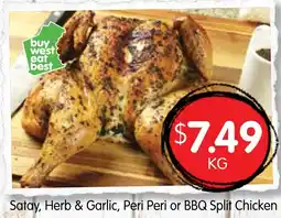 Spudshed Satay, Herb & Garlic, Peri Peri or BBQ Split Chicken offer