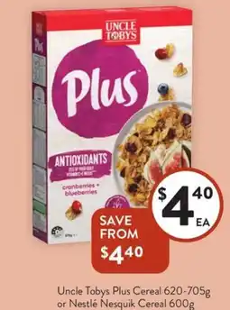 Foodworks Uncle Tobys Plus Cereal offer
