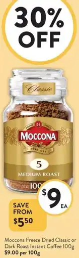 Foodworks Moccona Freeze Dried Classic or Dark Roast Instant Coffee offer