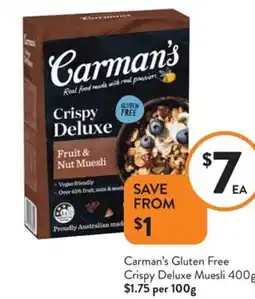Foodworks Carman's Gluten Free Crispy Deluxe Muesli offer