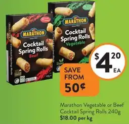 Foodworks Marathon Vegetable or Beef Cocktail Spring Rolls offer
