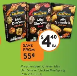 Foodworks Marathon Beef, Chicken Mini Dim Sims or Chicken Mini Spring Rolls offer