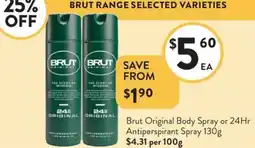 Foodworks Brut Original Body Spray or 24Hr Antiperspirant Spray offer