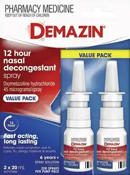 Soul Pattinson Chemist Demazin 12 Hour Nasal Decongestant Spray Value Pack 2 x 20mL offer