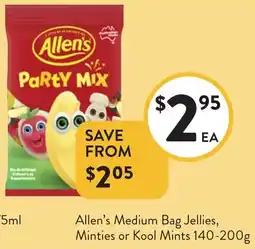 Foodworks Allen's Medium Bag Jellies, Minties or Kool Mints offer