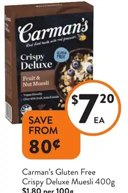 Foodworks Carman's Gluten Free Crispy Deluxe Muesli offer