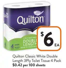 Foodworks Quilton Classic White Double Length 3Ply Toilet Tissue offer