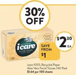 Foodworks icare 100% Recycled Paper Aloe Vera Facial Tissues offer