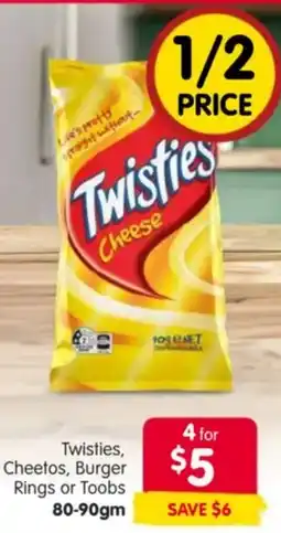 Spar Twisties, Cheetos, Burger Rings or Toobs offer