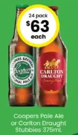 The Bottle O Coopers Pale Ale or Carlton Draught Stubbies offer