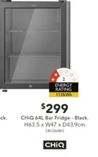 Harvey Norman CHIQ 64L Bar Fridge - Black offer