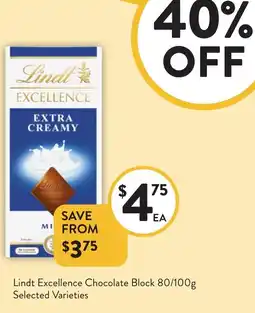 Foodworks Lindt Excellence Chocolate Block 80/100g Selected Varieties offer