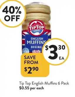 Foodworks Tip Top English Muffins 6 Pack offer