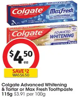 Coles Colgate Advanced Whitening & Tartar or Max Fresh Toothpaste offer