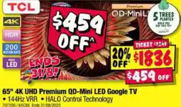 JB Hi-Fi TCL 65" 4K UHD Premium QD-Mini LED Google TV offer