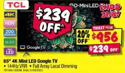 JB Hi-Fi TCL 65" 4K Mini LED Google TV offer