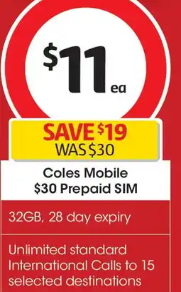 Coles Coles Mobile $30 Prepaid SIM offer