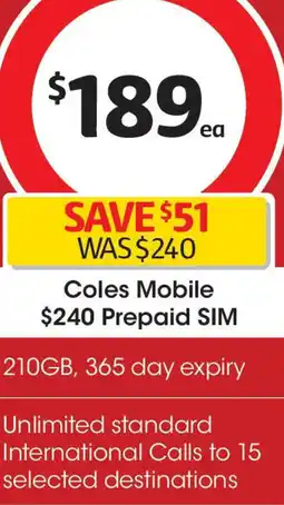 Coles Coles Mobile $240 Prepaid SIM offer
