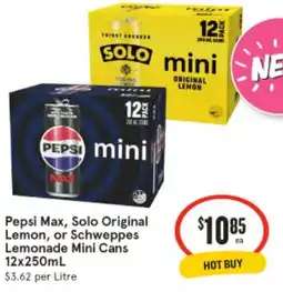 IGA Pepsi max, solo original lemon, or schweppes lemonade mini cans offer