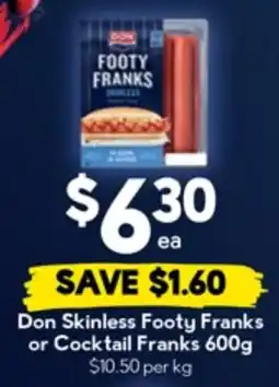Drakes Don Skinless Footy Franks or Cocktail Franks offer
