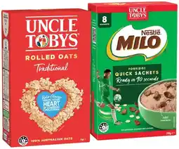 IGA Uncle Tobys Rolled Oats 1kg or Quick Sachets 8‑10 Pack Selected Varieties offer