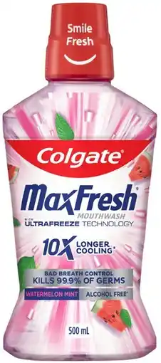 Coles Colgate Max Fresh Watermelon Mouthwash 500mL offer