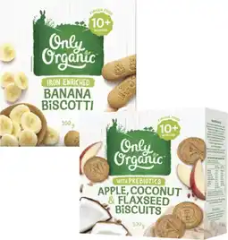 Coles Only Organic Banana Biscotti or Apple, Coconut & Flaxseed Biscuits 100g offer