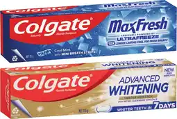 Coles Colgate Advanced Whitening & Tartar or Max Fresh Toothpaste 115g offer