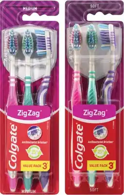 Coles Colgate Zig Zag Medium or Soft Toothbrush 3 Pack offer