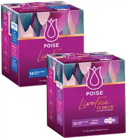 Coles Poise Live Free Pads with Wings Regular 14 Pack or Super 12 Pack offer