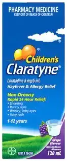 Amcal Pharmacies Claratyne Children’s Hayfever & Allergy Relief Grape Flavour Syrup 120mL offer