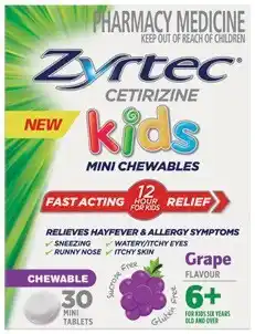 Amcal Pharmacies Zyrtec Kids Allergy & Hayfever Relief Grape Flavour 30 Chewable Tablets offer
