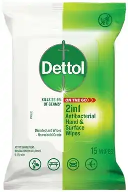 Amcal Pharmacies Dettol 2 in 1 Antibacterial Hand & Surface Wipes 15 Pack offer