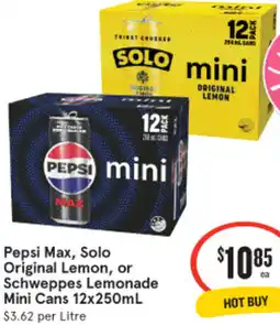 IGA Pepsi Max, Solo Original Lemon, or Schweppes Lemonade Mini Cans offer