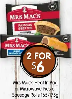 Spudshed Mrs Mac's Heat In Bag or Microwave Pies or Sausage Rolls offer