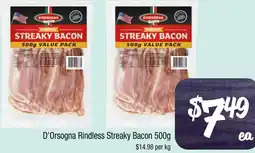 Farmer Jack's D'Orsogna Rindless Streaky Bacon offer