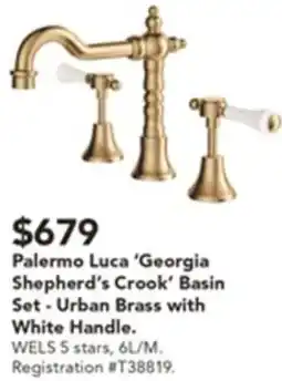 Harvey Norman Palermo Luca 'Georgia Shepherd's Crook' Basin Set - Urban Brass with White Handle. offer