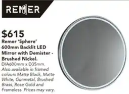 Harvey Norman Remer 'Sphere' 600mm Backlit LED Mirror with Demister offer