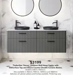 Harvey Norman Timberline 'Huron' 1500mm Wall-Hung Vanity with SilkSurface Top and Above Counter Double Ceramic Basins. offer