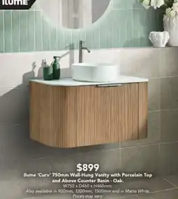 Harvey Norman Ilume 'Curv' 750mm Wall-Hung Vanity with Porcelain Top and Above Counter Basin offer