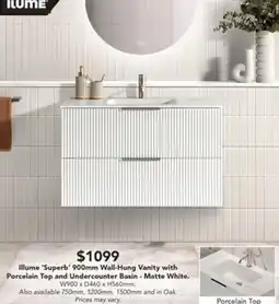 Harvey Norman Illume 'Superb' 900mm Wall-Hung Vanity with Porcelain Top and Undercounter Basin offer