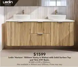 Harvey Norman Ledin 'Horizon' 1500mm Vanity in Walnut with Solid Surface Top and 'Erin 370' Basin offer