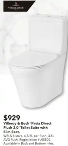 Harvey Norman Villeroy & Boch 'Pavia Direct Flush 2.0' Toilet Suite with Slim Seat. offer