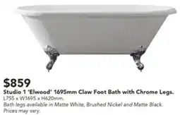 Harvey Norman Studio 1 'Elwood' 1695mm Claw Foot Bath with Chrome Legs. offer